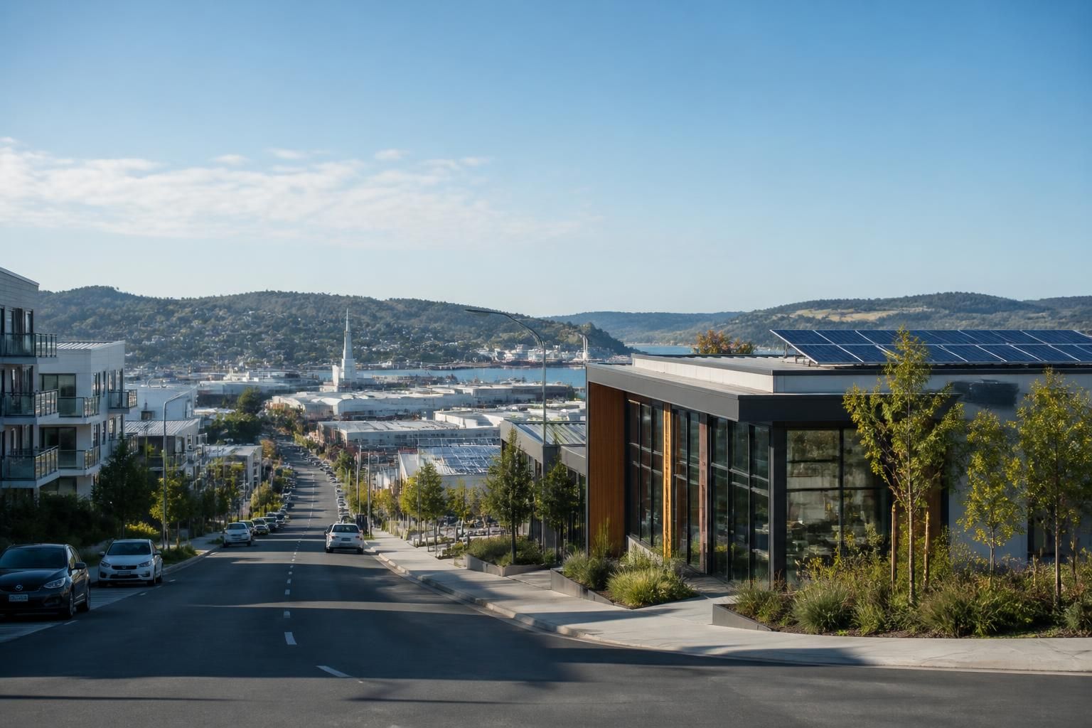 Burnie district with clean buildings and rooftop solar