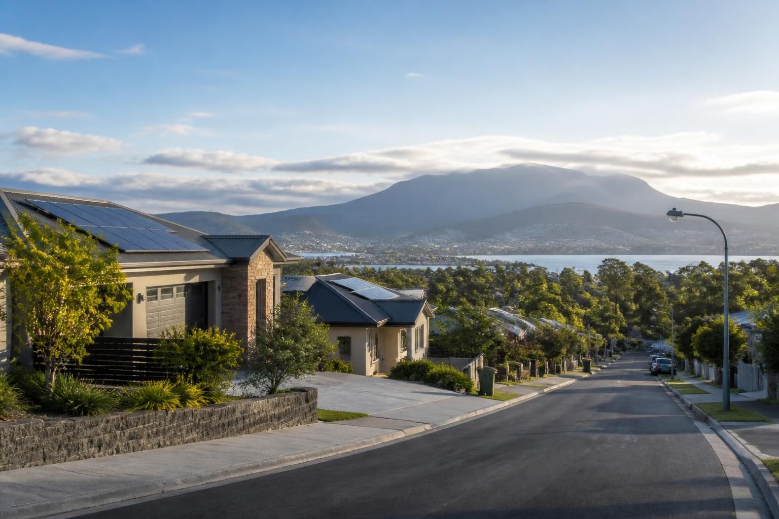 Hobart neighborhood with modern homes and rooftop solar