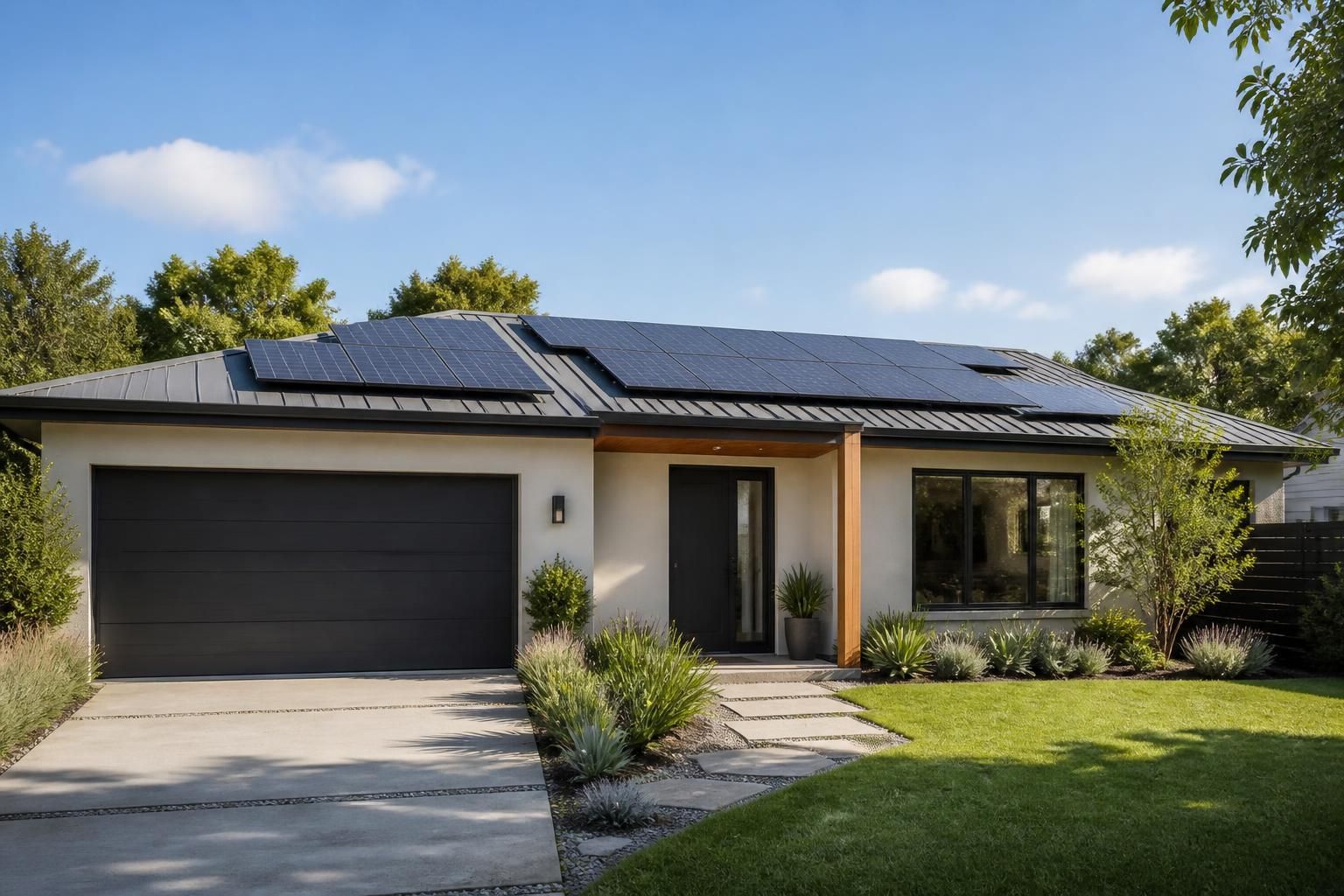 Modern home with rooftop solar panels and a tidy front yard